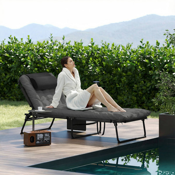 Folding Lounge Chair with 4-level Reclining Back & Cushion, Dark Grey