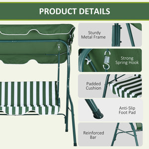 Outdoor Porch Swing with Adjustable Canopy, 3-Seater Patio Swing Chair with Cushion, Green