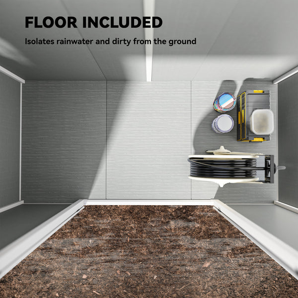 Abri de jardin en résine avec plancher, fenêtre, portes verrouillables et aérations, gris clair