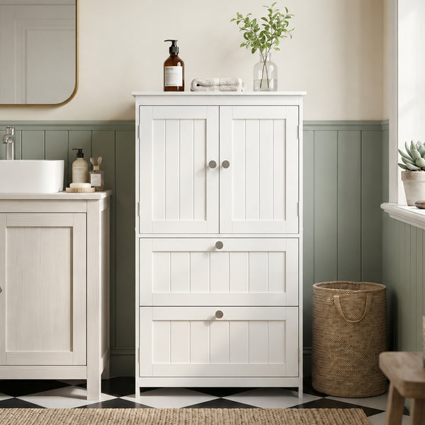 Armoire de rangement pour salle de bain avec 2 tiroirs et tablette ajustable, blanc