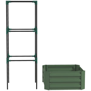 Raised galvanized planter with 3-tier trellis, green