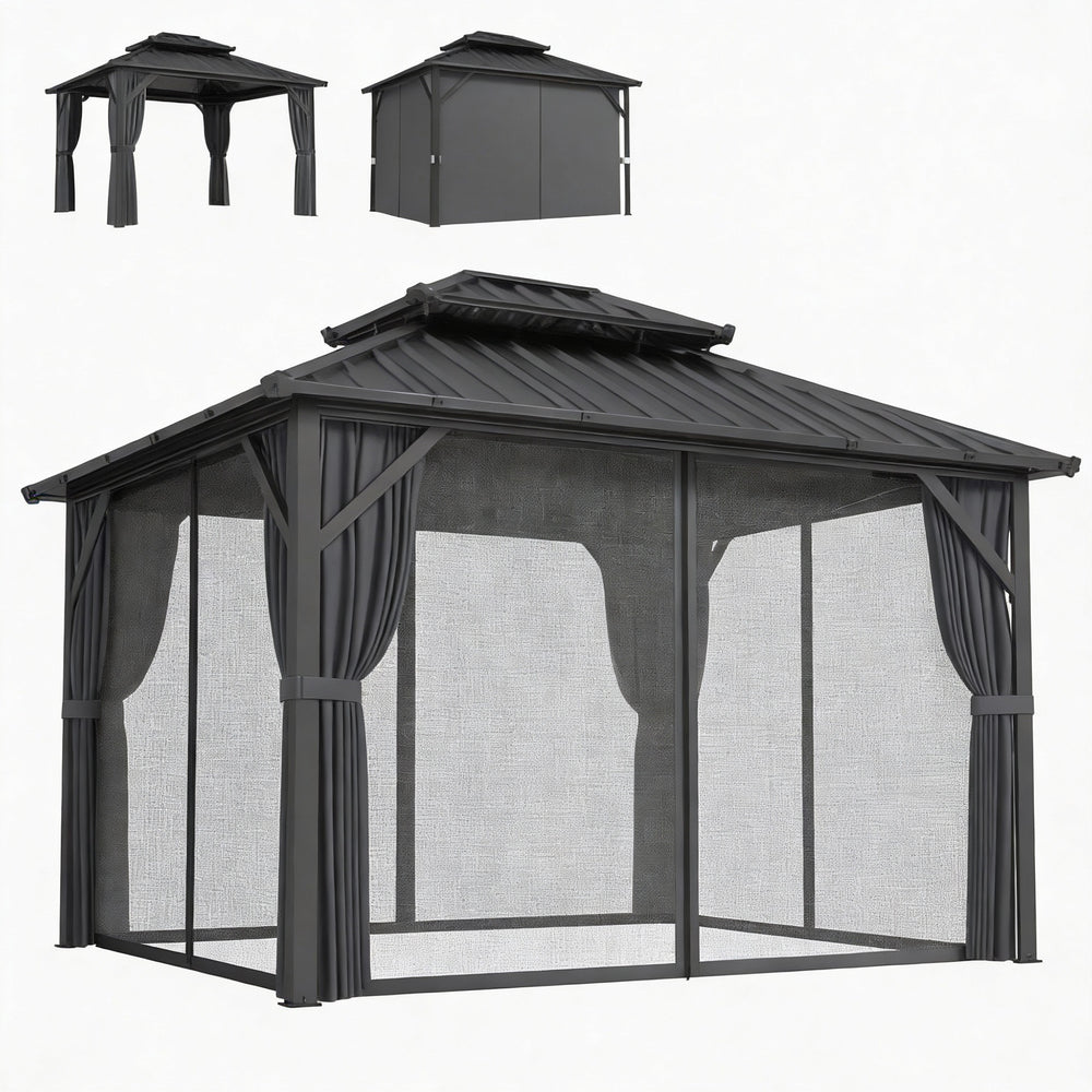 Gazebo with rigid roof 10 x 12 with double roof in galvanized steel, aluminum frame, dark grey