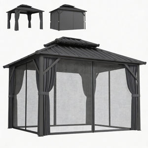 Gazebo avec toit rigide 10 x 12 avec double toit en acier galvanisé, structure en aluminium, gris foncé