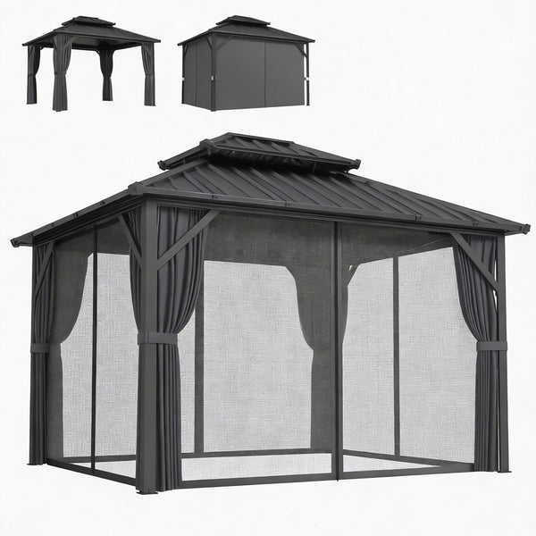 Gazebo avec toit rigide 10 x 12 avec double toit en acier galvanisé, structure en aluminium, gris foncé