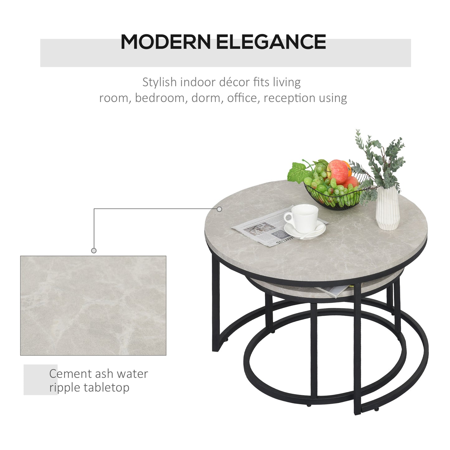 Lot de 2 tables basses modernes avec base en métal pour salon, gris ciment