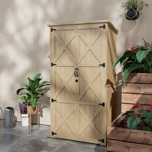 Wooden garden shed with waterproof asphalt roof and lockable doors, natural color