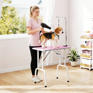 Foldable Pet Grooming Table for Dogs Cats with Adjustable Arm, Non-slip Surface, Pink