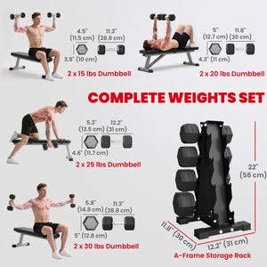 Ensemble de 8 haltères hexagonaux de 15 à 30 lb avec support de rangement vertical