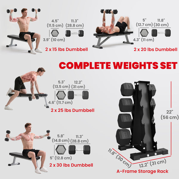 Ensemble de 8 haltères hexagonaux de 15 à 30 lb avec support de rangement vertical