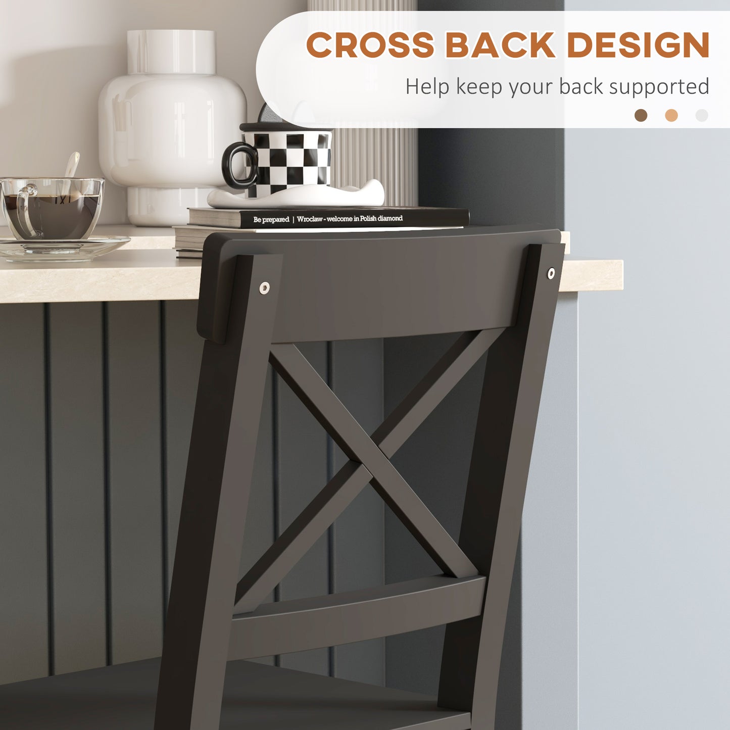Lot de 2 tabourets de bar, style campagnard, avec dossier, en bois massif pour îlot de cuisine, Noir