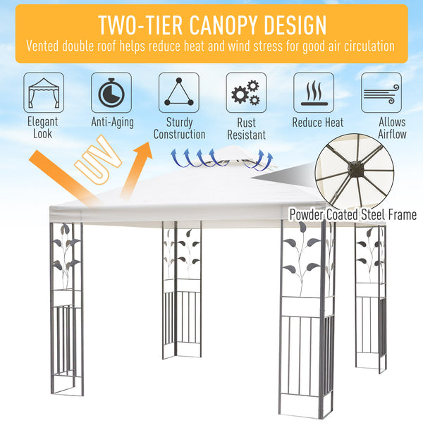 Gazebo 10 x 10 en métal avec structure décorative et toit ventilé, couleur crème