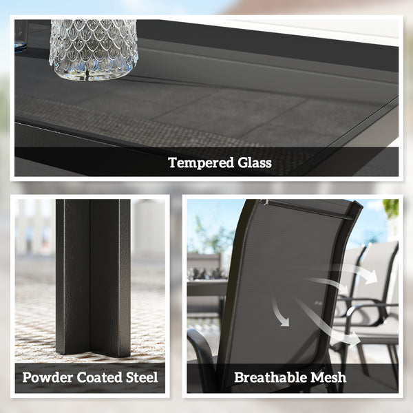 Ensemble de patio 9 pièces, chaises empilables avec plateau en verre pour jardin, terrasse, cour, noir