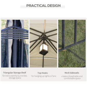 Gazebo de terrasse 10'x10' à toit souple avec toit à deux niveaux, rideaux en maille, étagères de présentation, crochets supérieurs, couleur crème