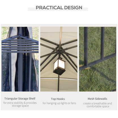 Gazebo de terrasse 10'x10' à toit souple avec toit à deux niveaux, rideaux en maille, étagères de présentation, crochets supérieurs, couleur crème