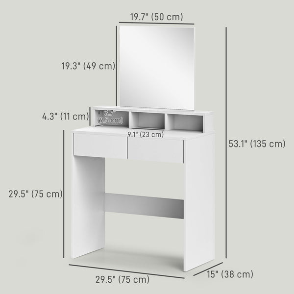 Coiffeuse avec miroir, tiroirs et compartiments, blanche