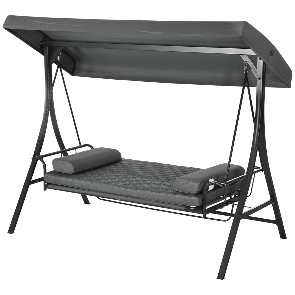 3 Person Porch Swing Bench with Adjustable Canopy, Cushions, Pillows for Porch and Backyard, Dark Grey
