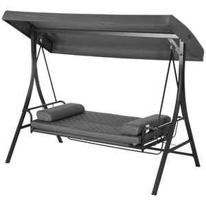 3 Person Porch Swing Bench with Adjustable Canopy, Cushions, Pillows for Porch and Backyard, Dark Grey