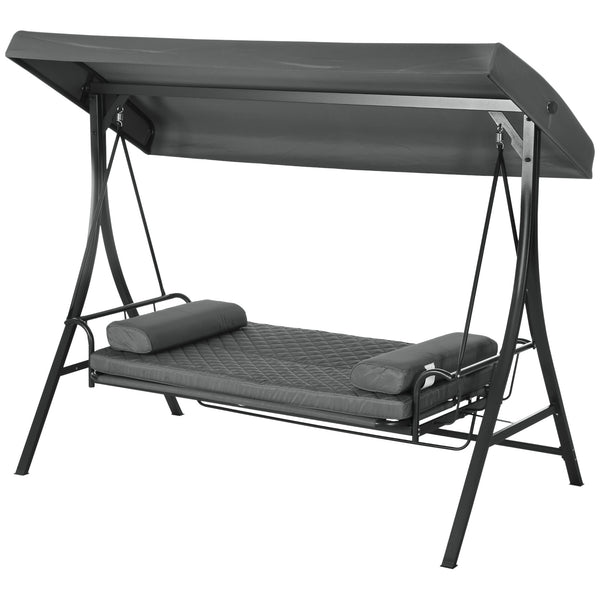 3 Person Porch Swing Bench with Adjustable Canopy, Cushions, Pillows for Porch and Backyard, Dark Grey
