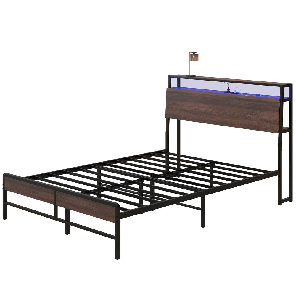 Cadre de lit double avec éclairage LED et station de charge avec tête de lit de rangement, noyer