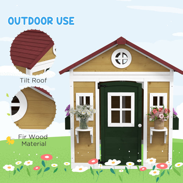 Maisonnette en bois d'extérieur avec porte, fenêtres, pots de fleurs et boîtes