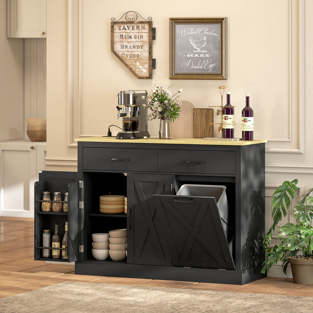 Armoire à poubelle basculante 7 gallons avec station de recharge, 2 tiroirs, 4 étagères de porte, noire