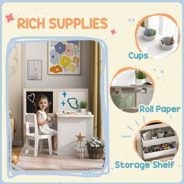 3-in-1 Kids Table and Chair Set with Folding Easel, Storage Shelves and Paper Roll, White