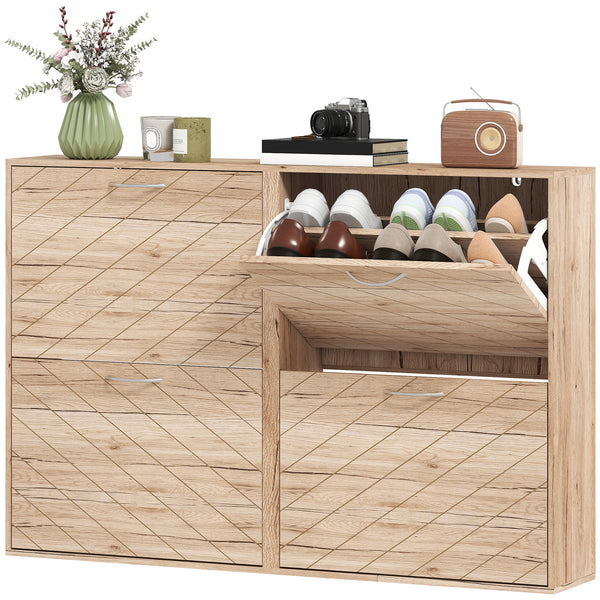 Meuble à chaussures vec 4 tiroirs rabattables pour 12 paires de chaussures, couleur chêne.