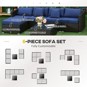 6 Pieces Outdoor PE Rattan Wicker Patio Furniture Sofa Set with Thick Cushions, Deluxe Garden Sectional Couch with Glass Top Table, Black and Dark Blue