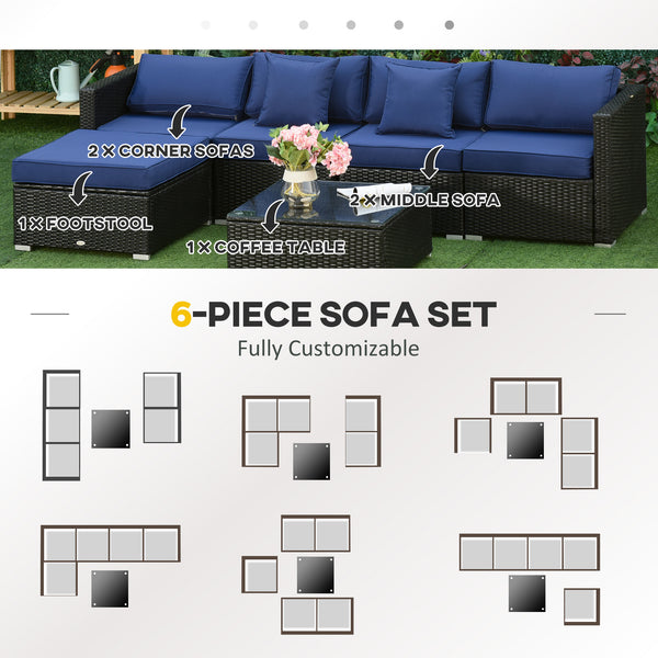 6 Pieces Outdoor PE Rattan Wicker Patio Furniture Sofa Set with Thick Cushions, Deluxe Garden Sectional Couch with Glass Top Table, Black and Dark Blue