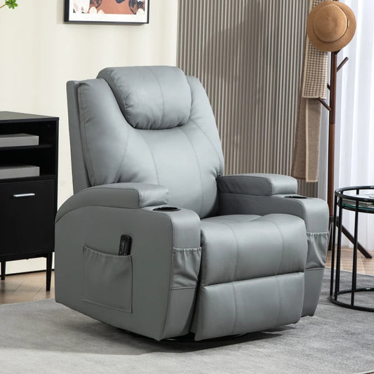 Fauteuil massant inclinable manuel pivotant avec 8 points de vibration et porte-gobelets, gris clair