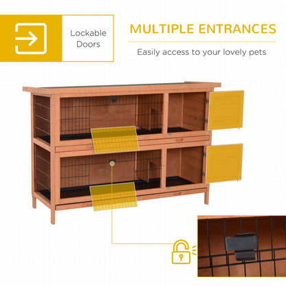 PawHut 54"L 2 étages Grand clapier Cage à lapin Maison en bois pour animaux de compagnie Habitat pour petits animaux avec portes verrouillables, bac anti-fuite et toit étanche pour extérieur/intérieur Orange