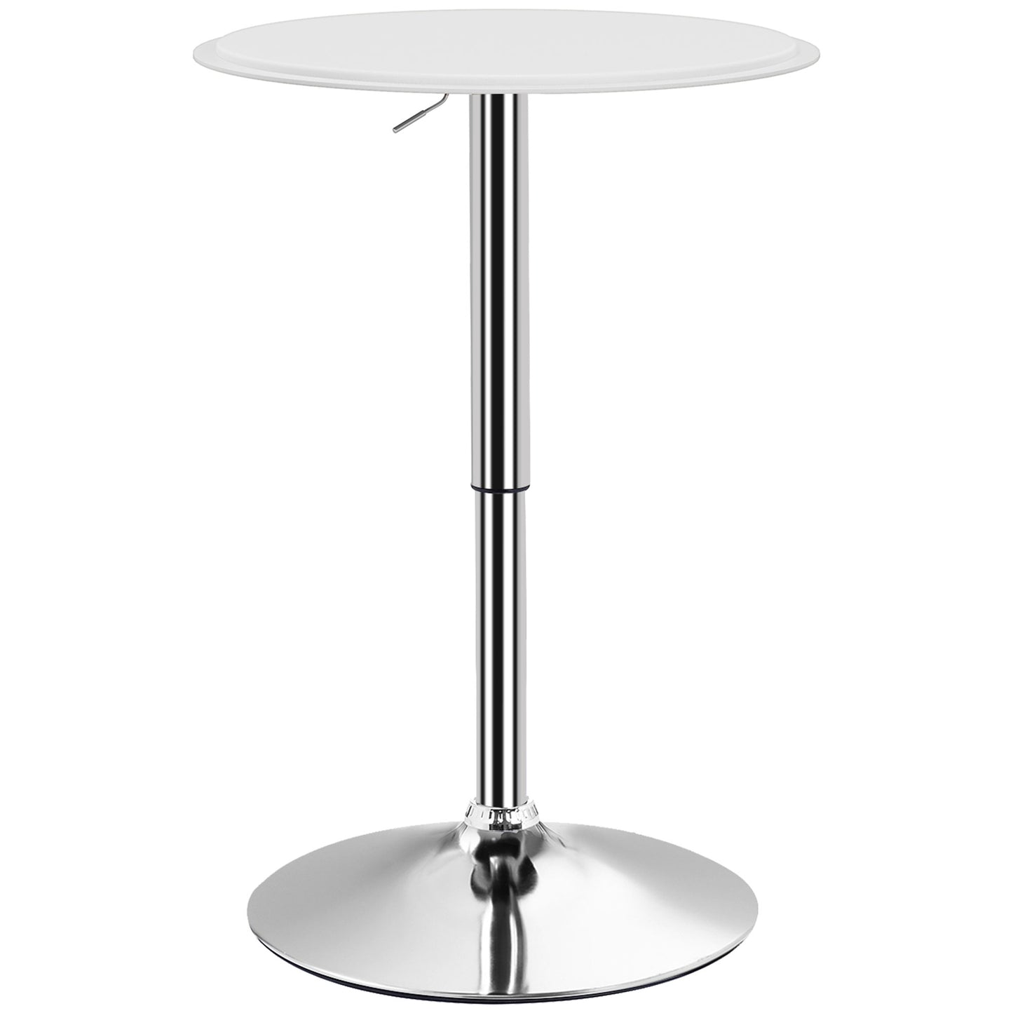 Table de bar ronde moderne réglable en hauteur, plateau en bois recouvert de similicuir, base chromée, blanc