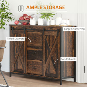 Buffet industriel avec portes coulissantes de style grange, trois tiroirs et étagères réglables, marron rustique