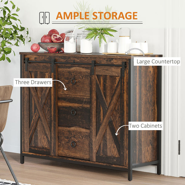 Buffet industriel avec portes coulissantes de style grange, trois tiroirs et étagères réglables, marron rustique