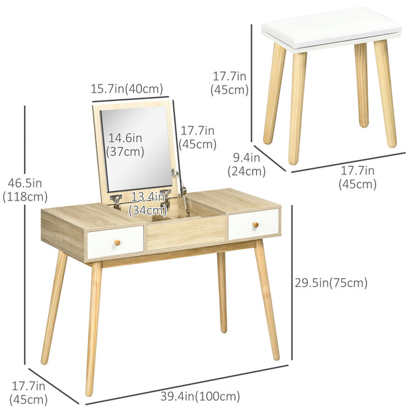 Coiffeuse avec miroir rabattable et tabouret rembourré, naturel