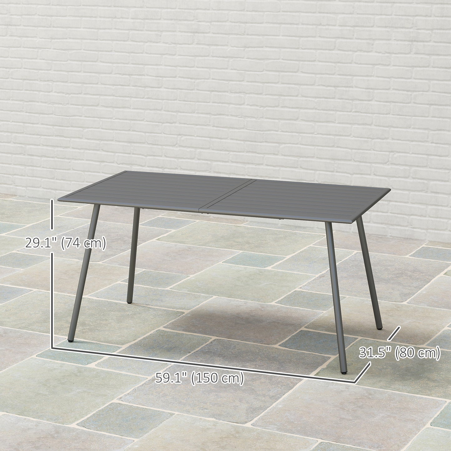 Outsunny Rectangular Dining Table for 6 People, Steel Slatted Outdoor Table for Lawn and Garden, 150 x 80 x 74 cm, Grey