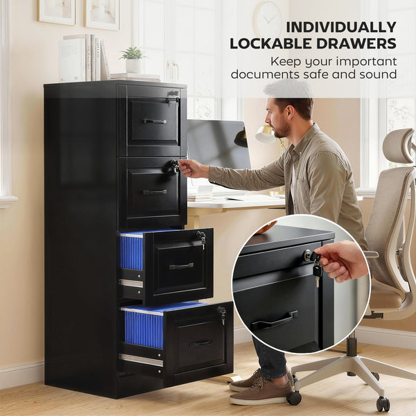 4-drawer vertical filing cabinet with lock, equipped with adjustable hanging rails for A4 and Letter sizes, black.