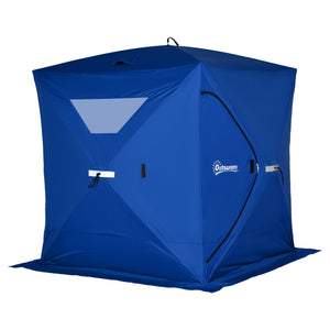 Portable ice fishing shelter for 2 to 4 people, with windproof windows and carrying bag, blue.