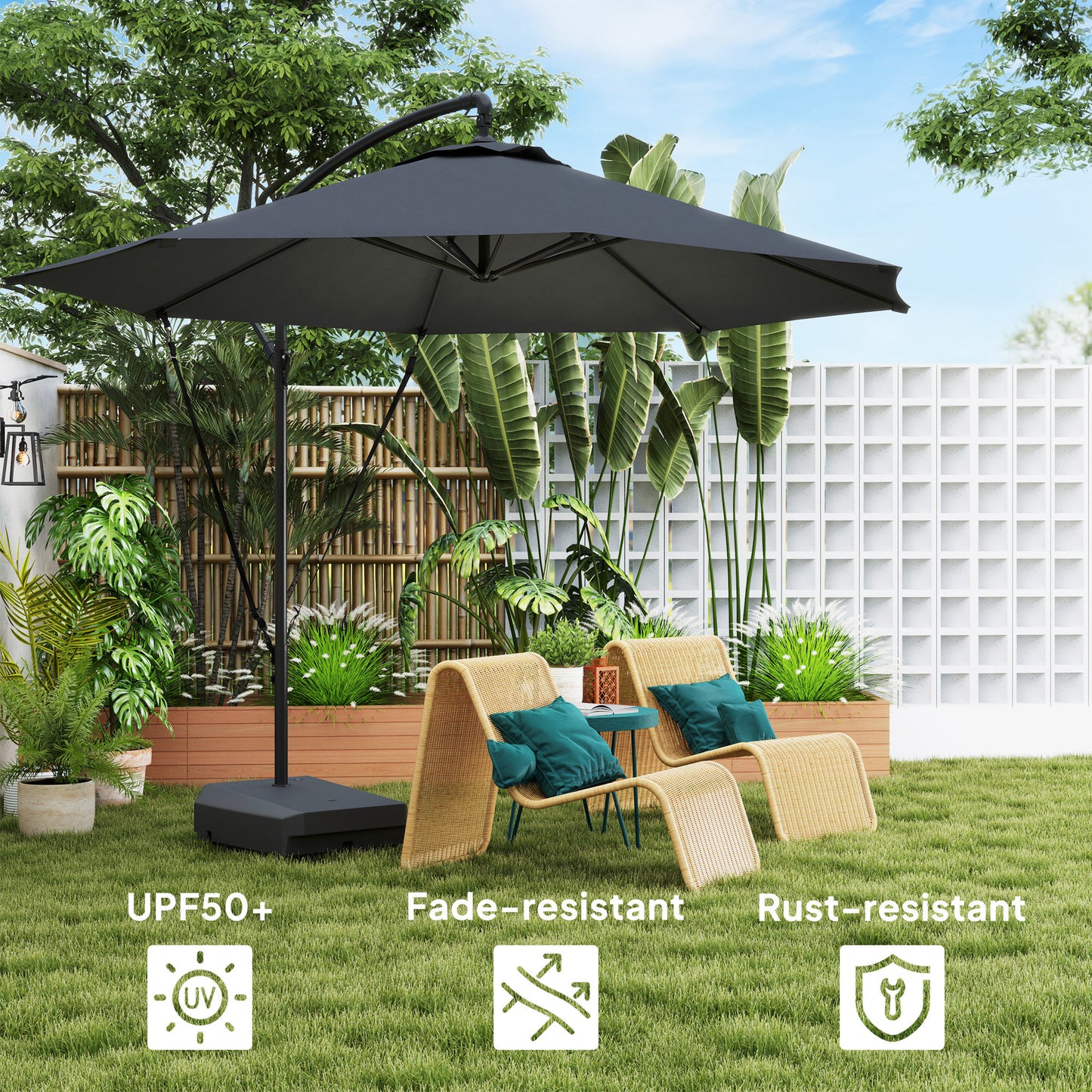 Outsunny 10FT Cantilever Umbrella with Fillable Base, Wind Strap and Cover, Offset Hanging Umbrella with Crank, UPF50+, Gray |