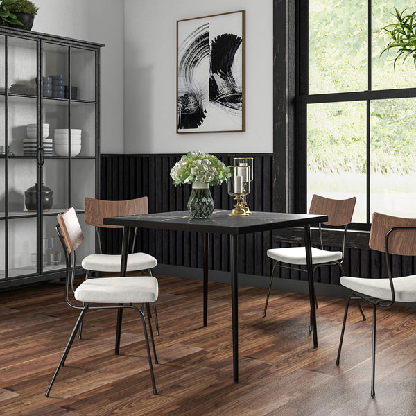 Table de salle à manger d'extérieur avec plateau en verre trempé effet marbre, noire