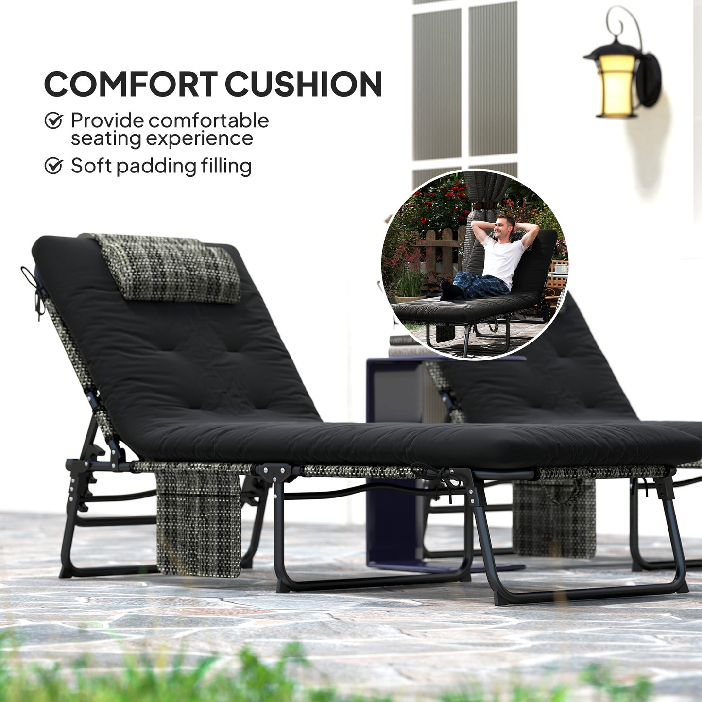 Lot de 2 chaises de bronzage avec coussin, poche latérale, appui-tête, noir