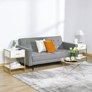 Lot de 2 tables de chevet modernes avec tiroir et étagère, blanc et doré