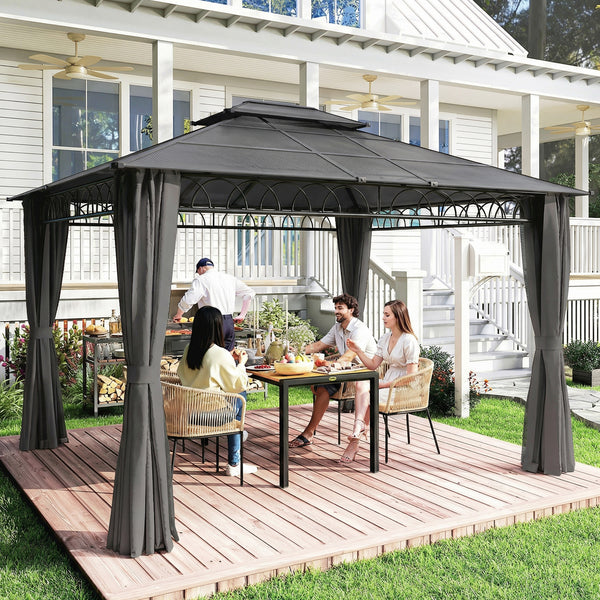 Gazebo 10' x 12' à double toit rigide avec toit en polycarbonate, structure en acier, moustiquaires et rideaux