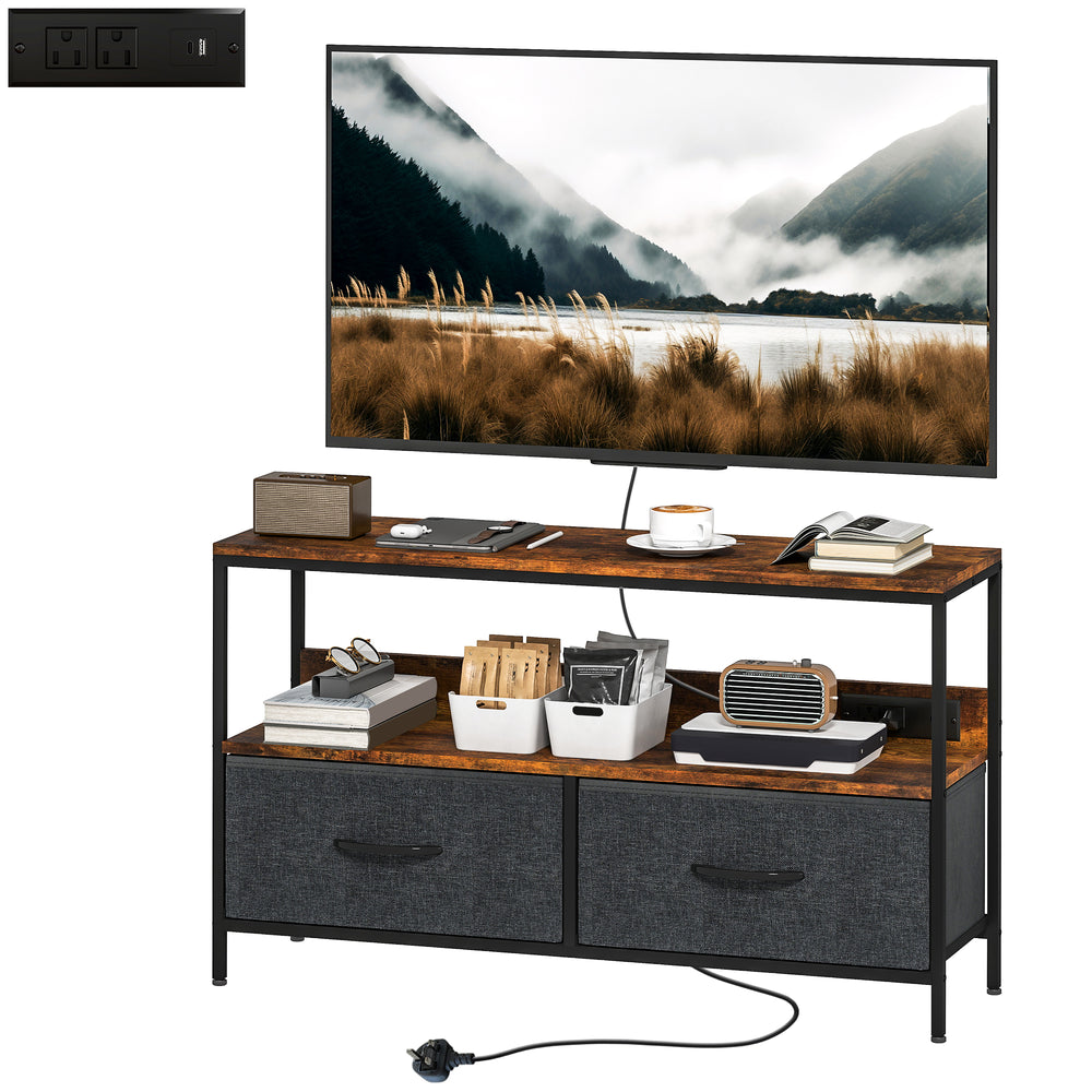 Meuble TV avec station de charge et étagère ouverte pour téléviseurs 47 pouces, marron rustique