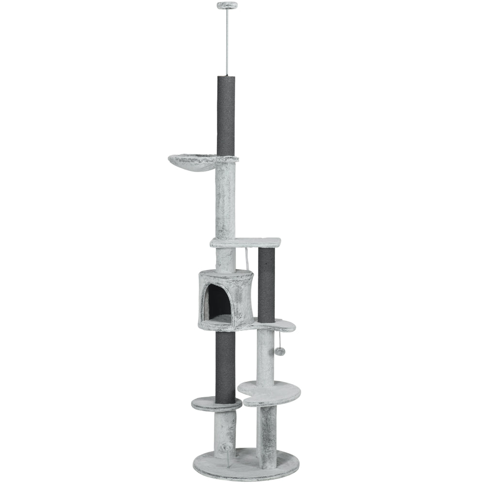 226-254cm Cat Tree with Hammock, Scratching Posts, Cabin, Perches, Play Ball, Grey