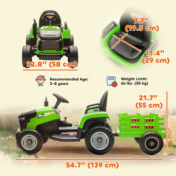 Tracteur 12 V vert avec remorque, télécommande, musique, lumières, levier de vitesse
