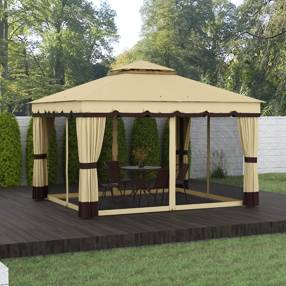 Outsunny 10' x 12' Double Roof Patio Gazebo Canopy, Outdoor Gazebo Shelter with Netting &amp; Curtains, for Garden, Lawn and Deck |