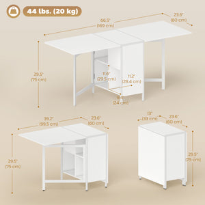 Multifunctional folding table with retractable shelves, white
