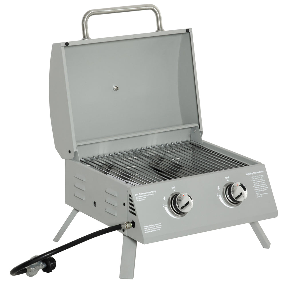 2 Burner Propane Gas Grill, Portable Tabletop BBQ with Foldable Legs, Lid, for Camping, Picnic, Silver