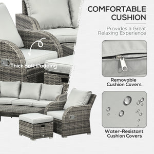 6 Pieces Patio Furniture Set, Conversation Set Wicker Sectional Set Cushioned Outdoor Rattan 3-Seat Sofa, 2 Adjustable Recliners, 2 Footstools & Table Set for Lawn Garden Backyard, Light Grey